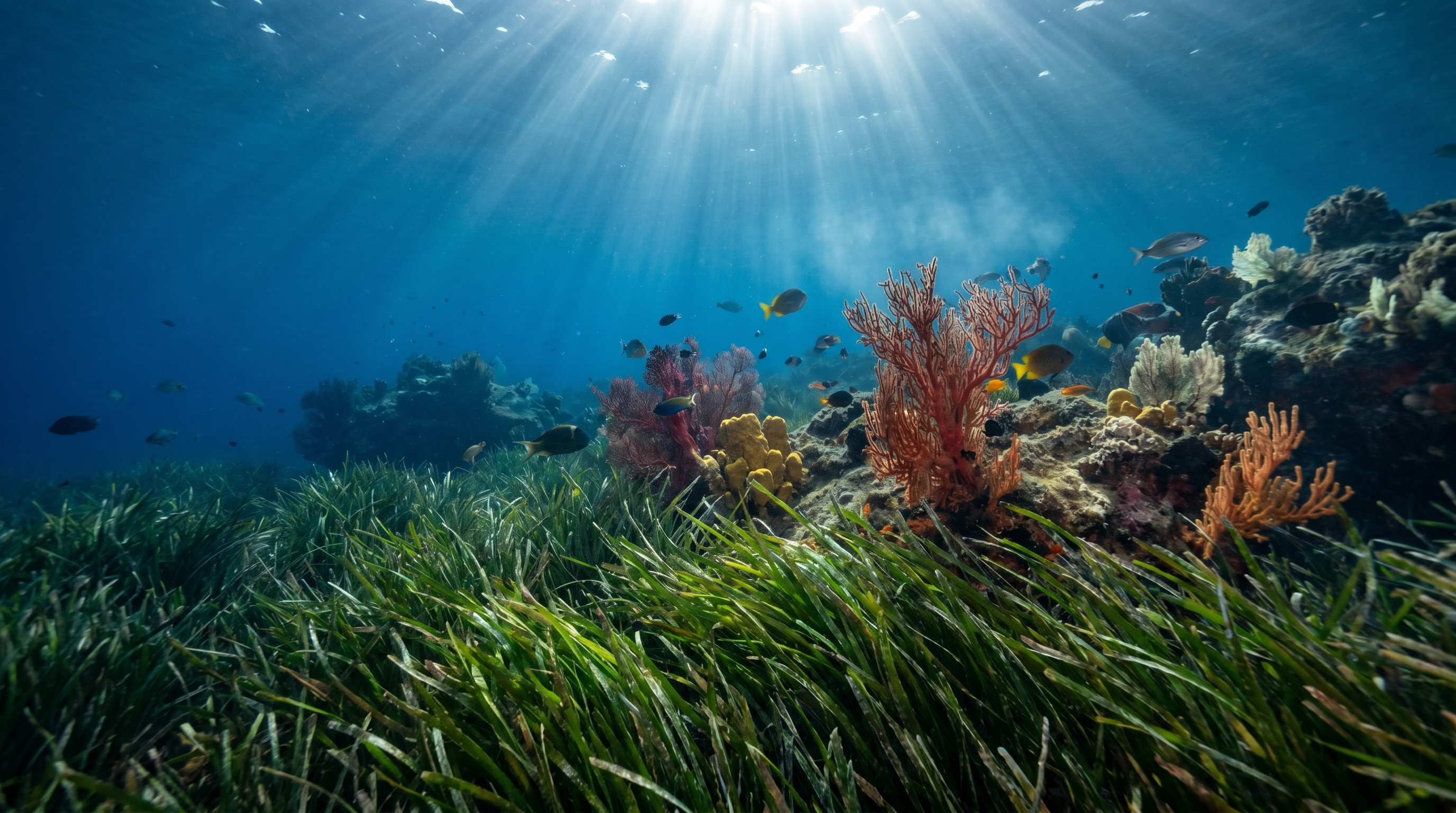 Intense Mediterranean marine heatwave threatening underwater ecosystem with seagrass meadows and coral assemblages, dramatic deep blue waters with shafts of sunlight penetrating through the surface, Posidonia oceanica meadows swaying in foreground, gorgonian corals and sponges on rocky substrate in mid-ground, photorealistic documentary National Geographic style, wide 16:9 composition, rich underwater visibility showing the threatened biodiversity of the Mediterranean Sea