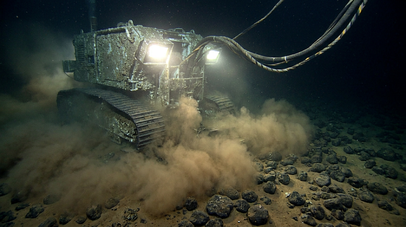 Deep-sea mining collector robot stirring a sediment plume on the abyssal seafloor